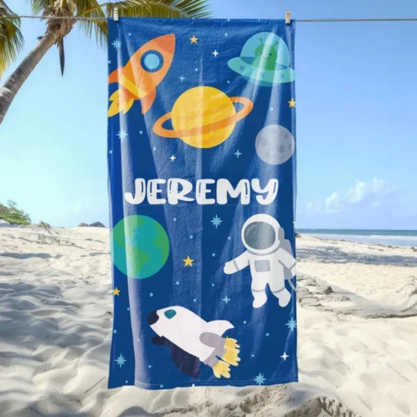 Personalized Kids Beach Towel – Custom Name, Rainbow, Mermaid, Shark, Dino & Space Designs