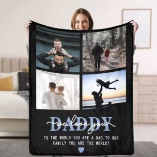 Custom 4 Photo Blanket – Personalized Throw with Your Text, Recipient Title & Names, Gift for Dad, Papa, Grandpa (Black or White)