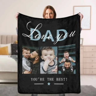 Custom 3 Photo Blanket – Personalized Throw with Your Text, Recipient Title & Names, Gift for Dad, Papa, Grandpa (Black or White)