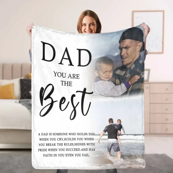 Personalized Dad Blanket – Custom Photo Throw, “Dad You Are The Best” with 2 Pictures & Names, Gift for Father’s Day, Birthday, Papa, Grandpa